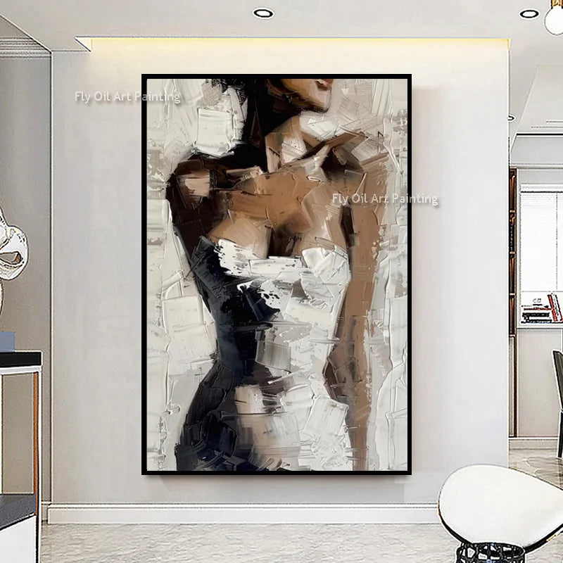 Handmade Black And White Women Portrait Oil Painting On Canvas New Elengance Brown White Sexy Girls Wall Art Decor For Bedroom