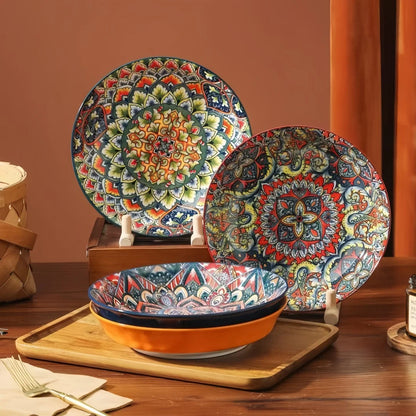 Bohemian Mandala Ceramic Plates 4Pcs 8Inch Deep Dinner Plates Microwave Dishwasher Safe Colorful for Kitchen Dining Gift
