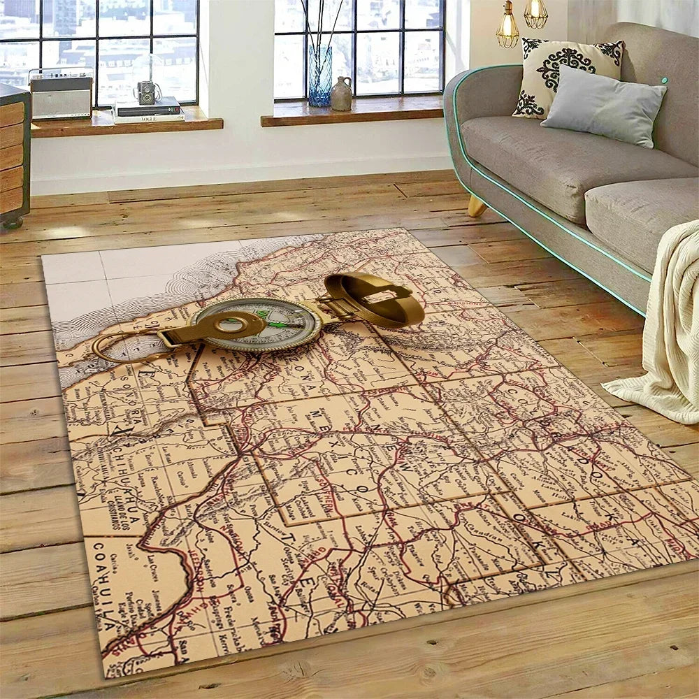 3D Ancient Nautical Chart World Map Compass Carpet Rug for Bedroom Living Room Sofa Decoration,Child Game Large Decor Floor Mat