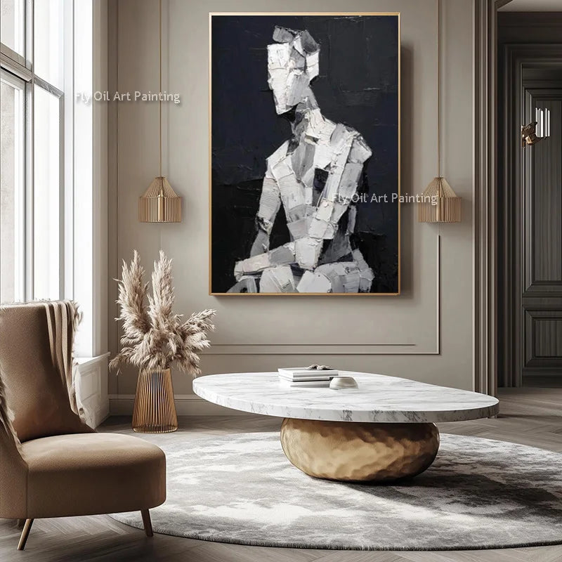 Handmade Black And White Women Portrait Oil Painting On Canvas New Elengance Brown White Sexy Girls Wall Art Decor For Bedroom