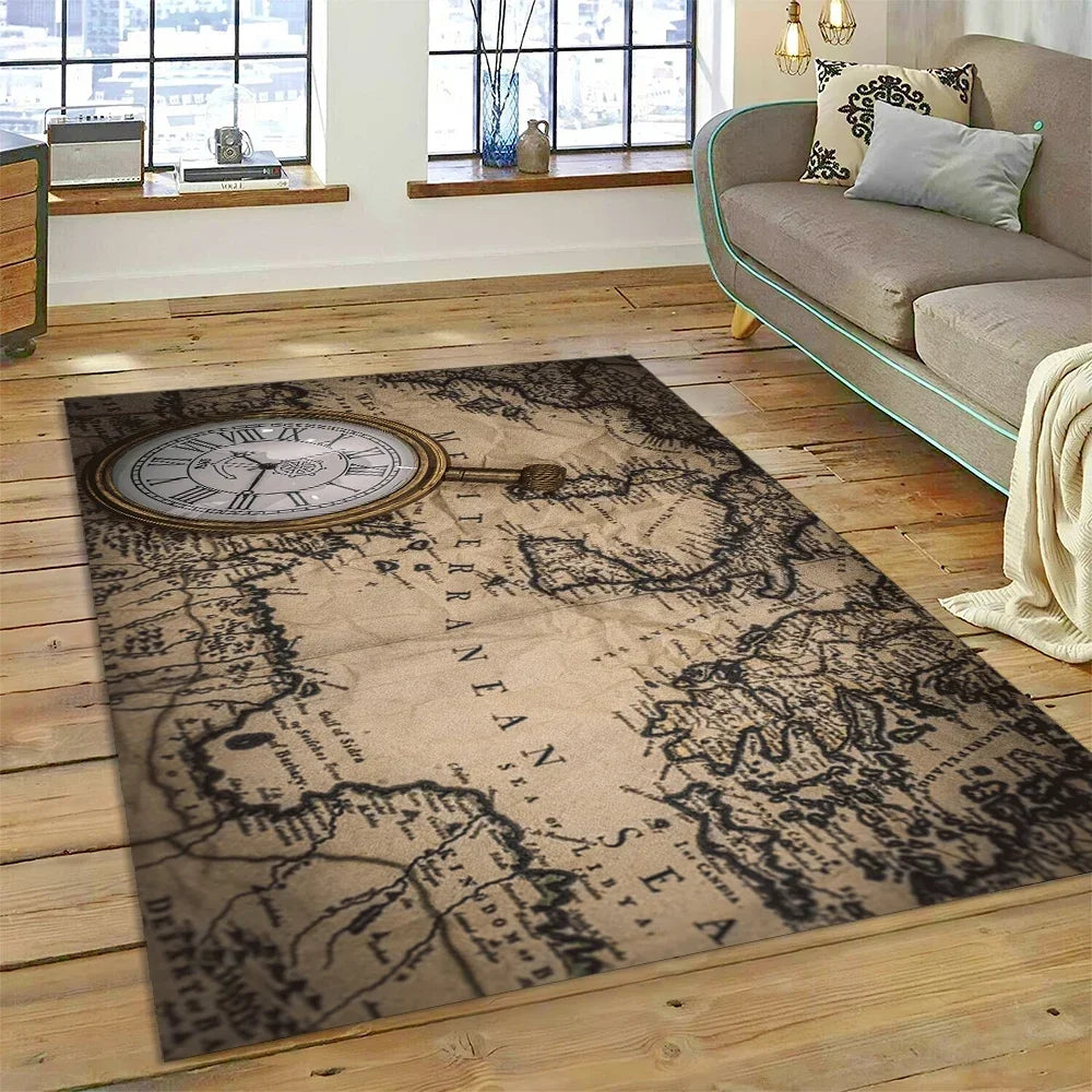 3D Ancient Nautical Chart World Map Compass Carpet Rug for Bedroom Living Room Sofa Decoration,Child Game Large Decor Floor Mat