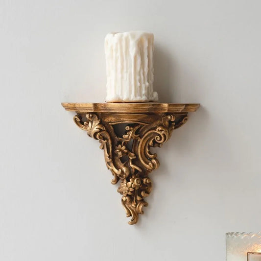 Antique wall mounted decorative shelf, carved candle holder, European style living room, nostalgic resin wall relief decorative