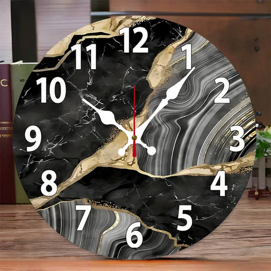 Black Marble Wooden Round Silent Hanging Wall Clock, Suitable For Living Room, Office, Study Room, Bedroom, Home Decoration