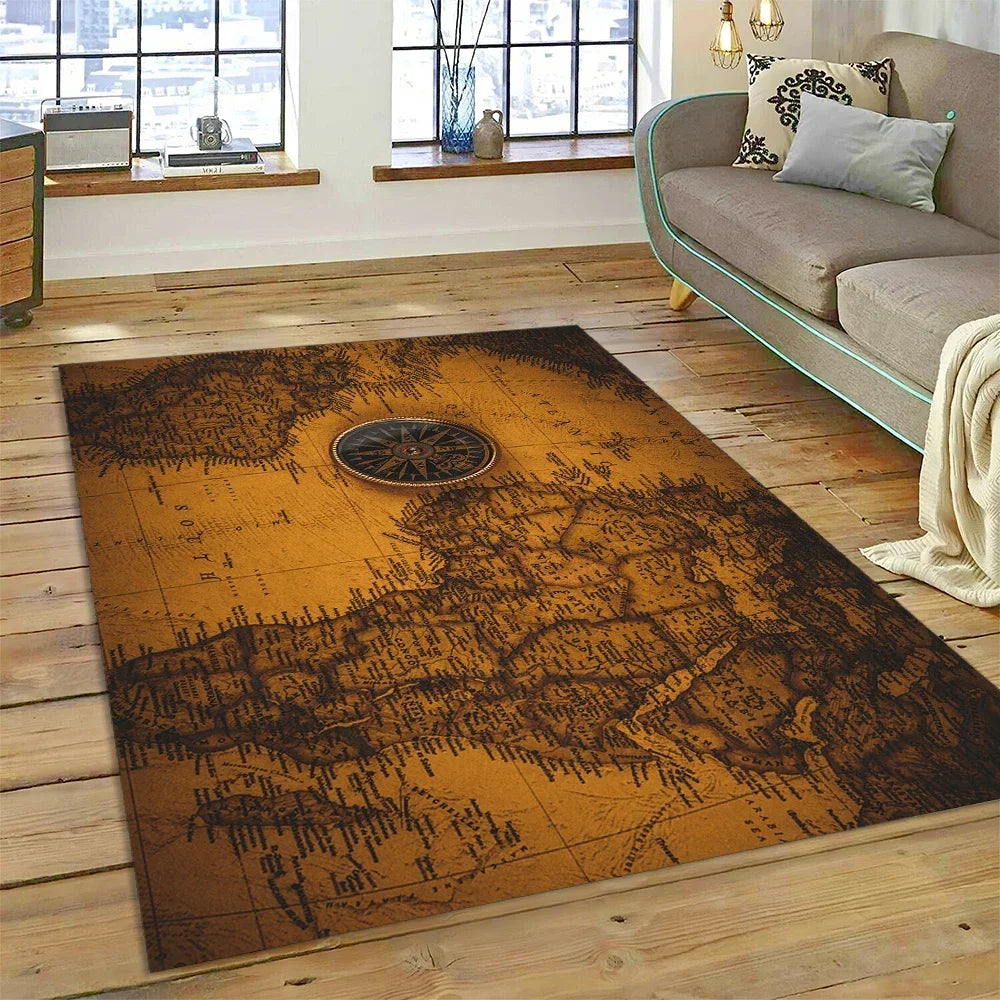 3D Ancient Nautical Chart World Map Compass Carpet Rug for Bedroom Living Room Sofa Decoration,Child Game Large Decor Floor Mat