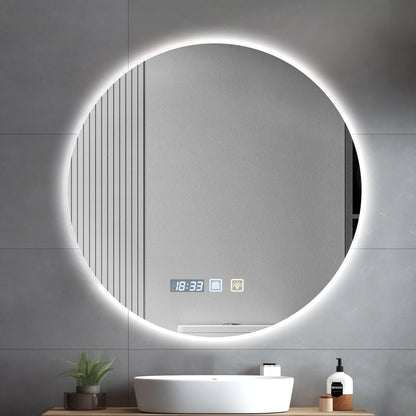 Round LED Bathroom Mirror With Light Touch Screen Defogging Bath Mirrors With Time 3 Colors Dimmable Wall Makeup Mirrors