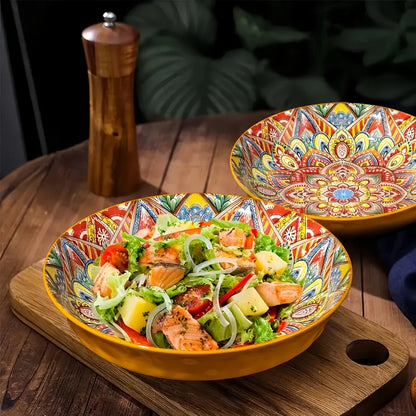 Bohemian Mandala Ceramic Plates 4Pcs 8Inch Deep Dinner Plates Microwave Dishwasher Safe Colorful for Kitchen Dining Gift
