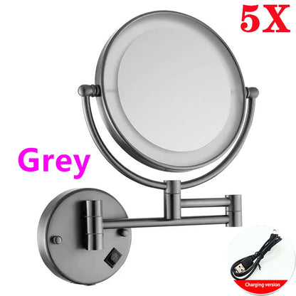 Rose Gold Led Folding Bathroom Mirror Wall Mounted Lighted Home Hotell Bathroom Makeup Mirror 5X Magnifying Plug Bath Mirrors