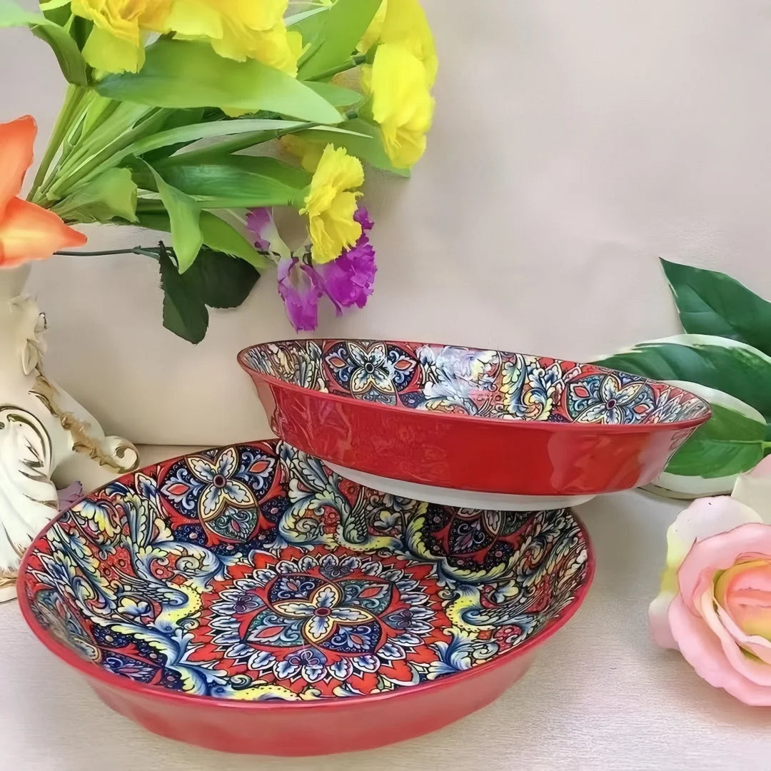 Bohemian Mandala Ceramic Plates 4Pcs 8Inch Deep Dinner Plates Microwave Dishwasher Safe Colorful for Kitchen Dining Gift