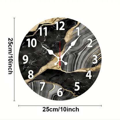 Black Marble Wooden Round Silent Hanging Wall Clock, Suitable For Living Room, Office, Study Room, Bedroom, Home Decoration