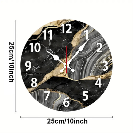 Black Marble Wooden Round Silent Hanging Wall Clock, Suitable For Living Room, Office, Study Room, Bedroom, Home Decoration