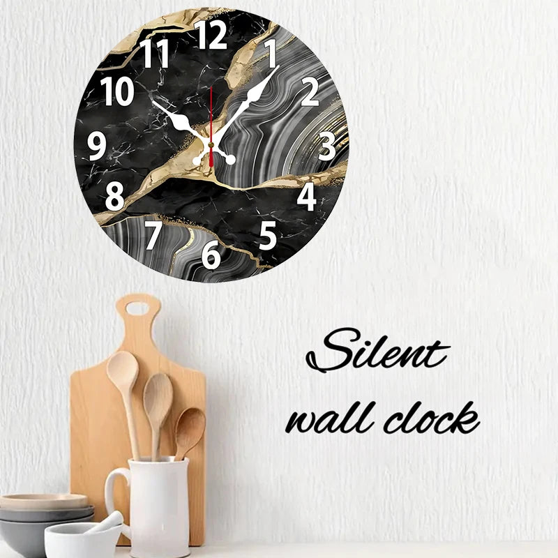 Black Marble Wooden Round Silent Hanging Wall Clock, Suitable For Living Room, Office, Study Room, Bedroom, Home Decoration