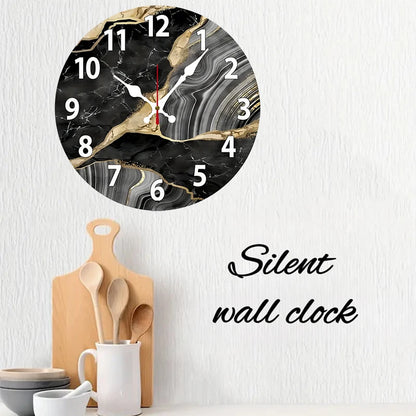 Black Marble Wooden Round Silent Hanging Wall Clock, Suitable For Living Room, Office, Study Room, Bedroom, Home Decoration