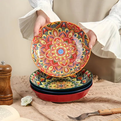 Bohemian Mandala Ceramic Plates 4Pcs 8Inch Deep Dinner Plates Microwave Dishwasher Safe Colorful for Kitchen Dining Gift