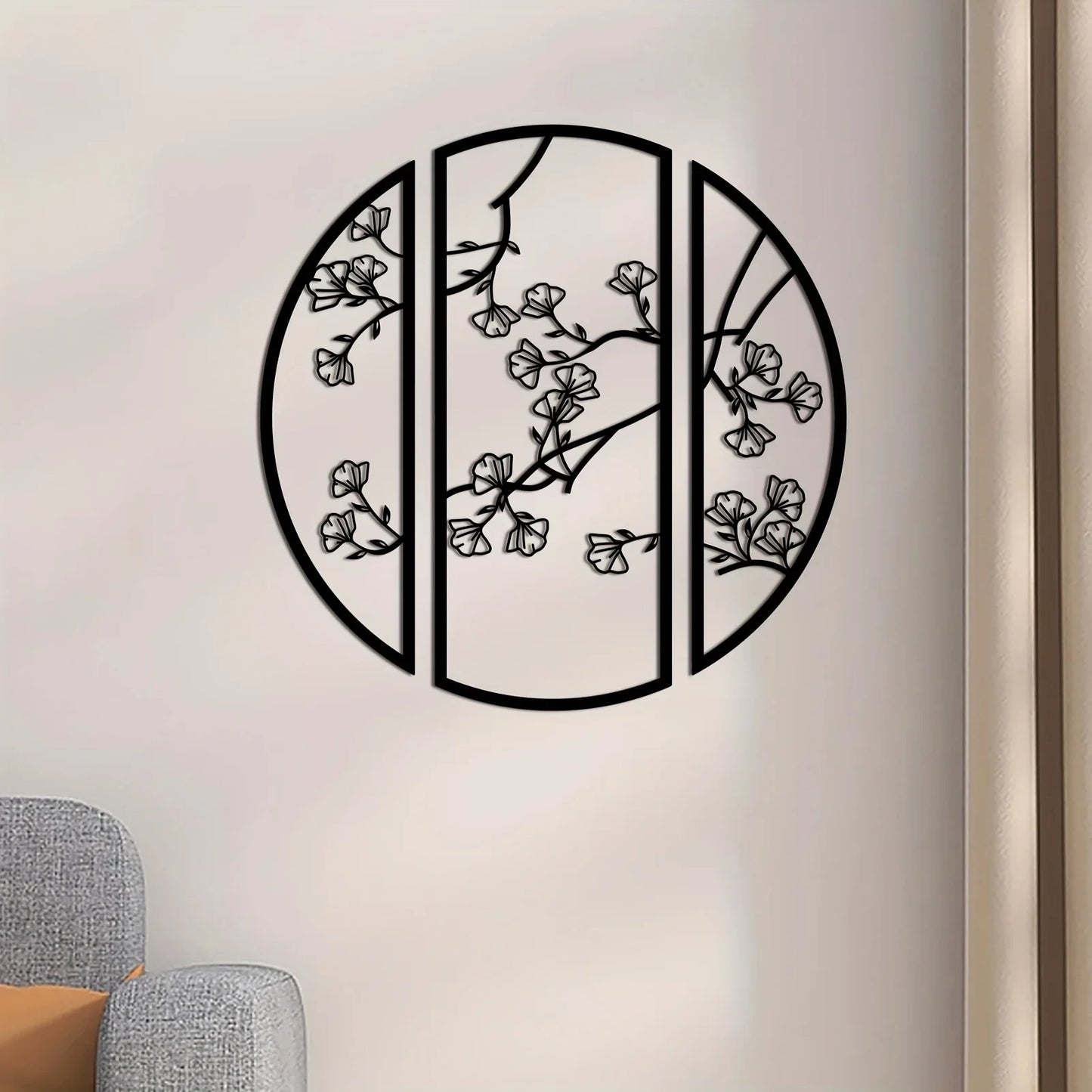 3pcs/set Black Simple Line Round Wall Art Sculpture, Ginkgo Metal Wall Art Decor, Suitable for Bedroom Kitchen Wall Decor