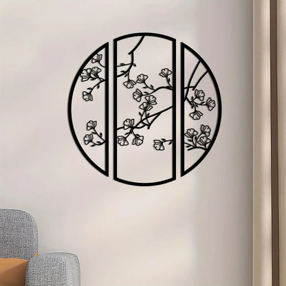 3pcs/set Black Simple Line Round Wall Art Sculpture, Ginkgo Metal Wall Art Decor, Suitable for Bedroom Kitchen Wall Decor