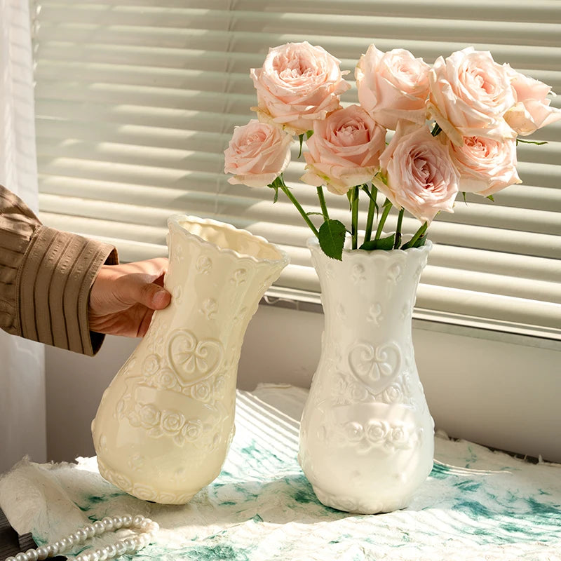 European Retro Relief Rose Ceramic Vase Highend Living Room Decor Desktop Home Decoration Ornaments