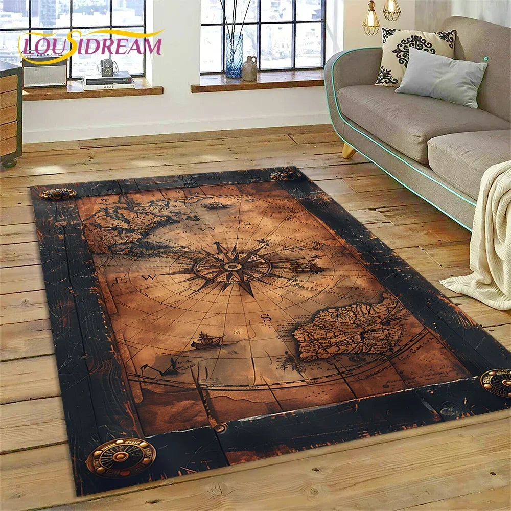 3D Ancient Nautical Chart World Map Compass Carpet Rug for Bedroom Living Room Sofa Decoration,Child Game Large Decor Floor Mat