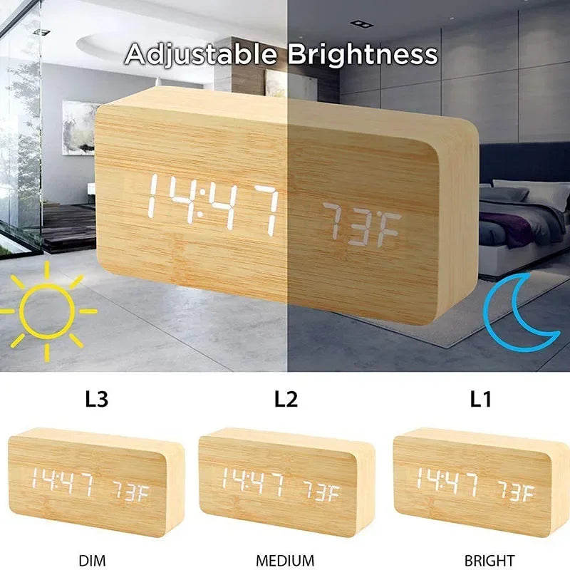"Retro Wooden Digital Alarm Clock with LED Display & Temperature Sensor, Silent Night Light for Office/Bedroom/Living Room"