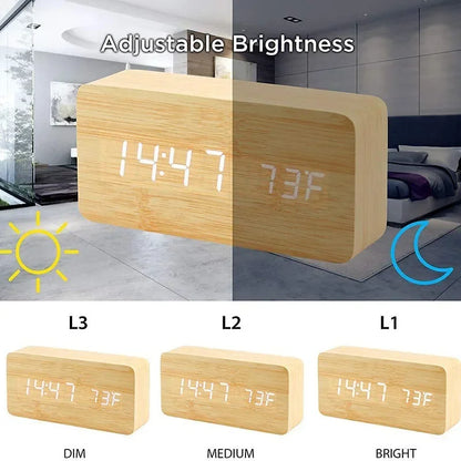 "Retro Wooden Digital Alarm Clock with LED Display & Temperature Sensor, Silent Night Light for Office/Bedroom/Living Room"