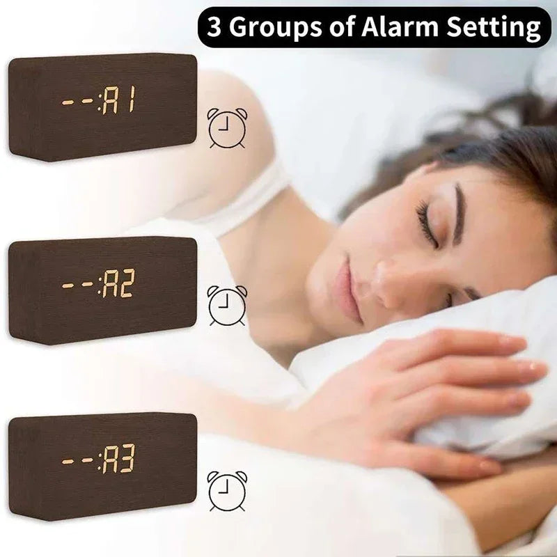 "Retro Wooden Digital Alarm Clock with LED Display & Temperature Sensor, Silent Night Light for Office/Bedroom/Living Room"