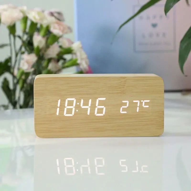 "Retro Wooden Digital Alarm Clock with LED Display & Temperature Sensor, Silent Night Light for Office/Bedroom/Living Room"