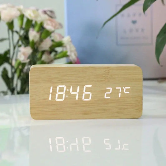 "Retro Wooden Digital Alarm Clock with LED Display & Temperature Sensor, Silent Night Light for Office/Bedroom/Living Room"