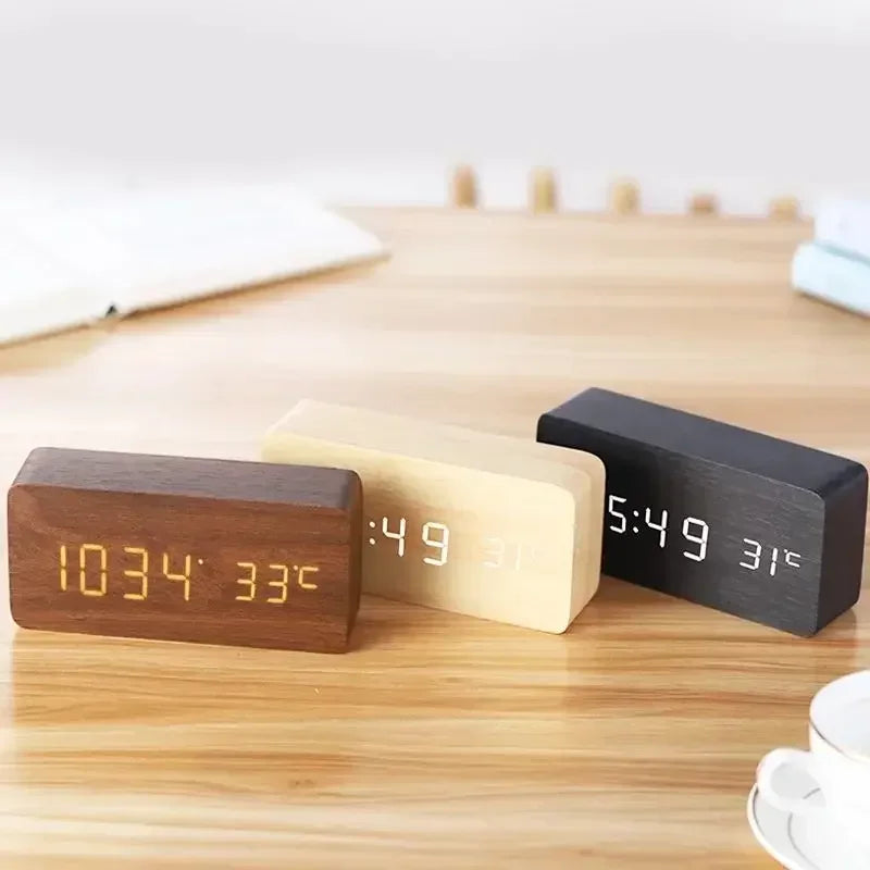 "Retro Wooden Digital Alarm Clock with LED Display & Temperature Sensor, Silent Night Light for Office/Bedroom/Living Room"