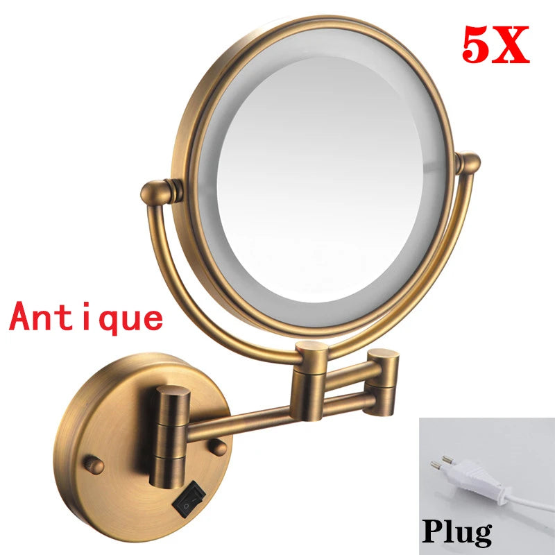 Rose Gold Led Folding Bathroom Mirror Wall Mounted Lighted Home Hotell Bathroom Makeup Mirror 5X Magnifying Plug Bath Mirrors