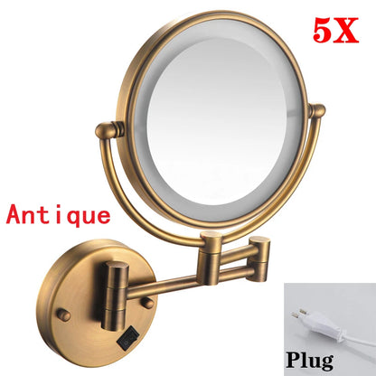 Rose Gold Led Folding Bathroom Mirror Wall Mounted Lighted Home Hotell Bathroom Makeup Mirror 5X Magnifying Plug Bath Mirrors