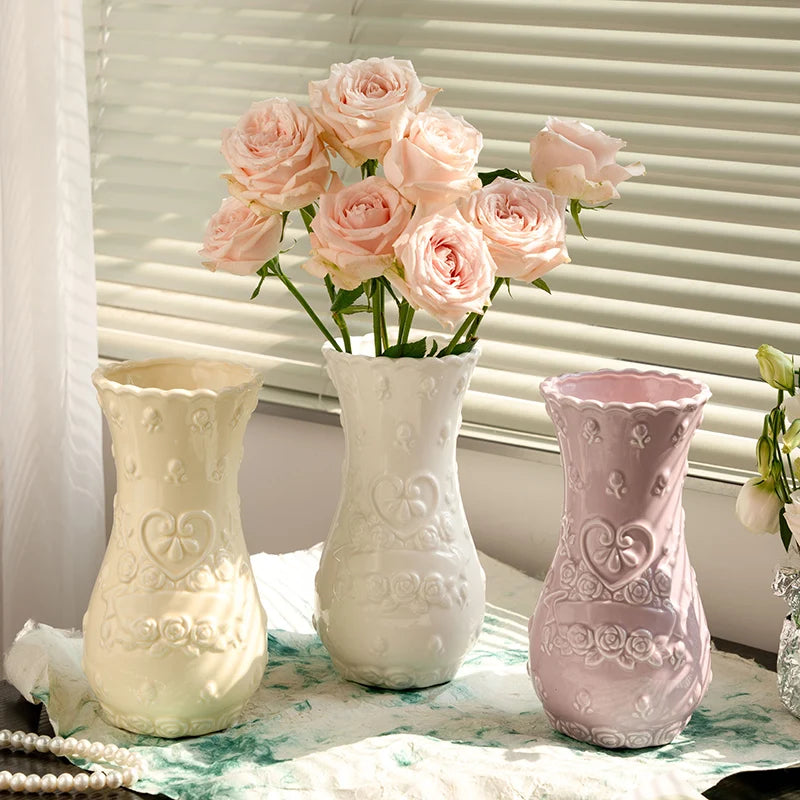 European Retro Relief Rose Ceramic Vase Highend Living Room Decor Desktop Home Decoration Ornaments