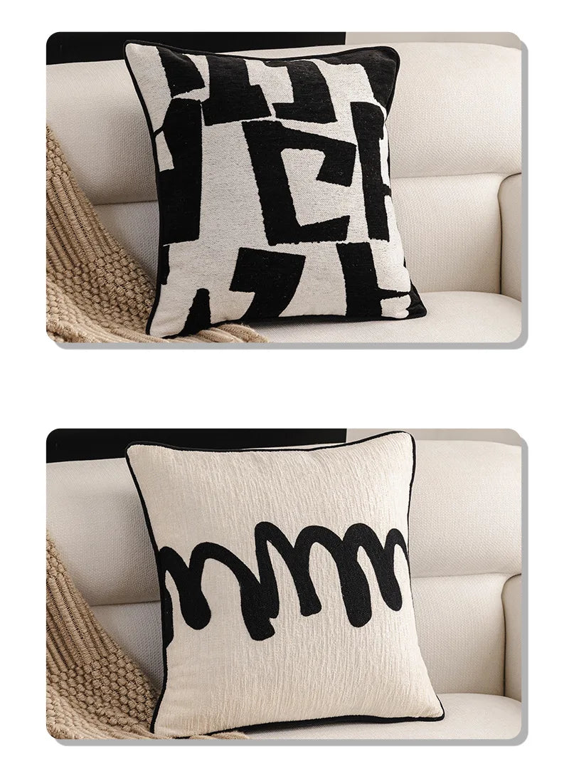 Modern Luxury Chenille Cushion Cover Black and White Geometric Jacquard Embroidery Throw Pillow Covers for Living Room
