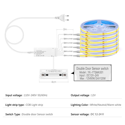 8mm Under Cabinet COB LED Strip Light Smart Door Sensor Switch for Bookcase Showcase Wardrobe  Closet Lighting Decor 1m-5m