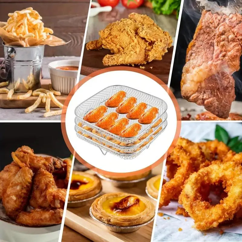 3-piece Stainless Steel Air Fryer Accessory Set - Square Fries and Grilling Rack for Kitchen Dining, Air Fryer Rack