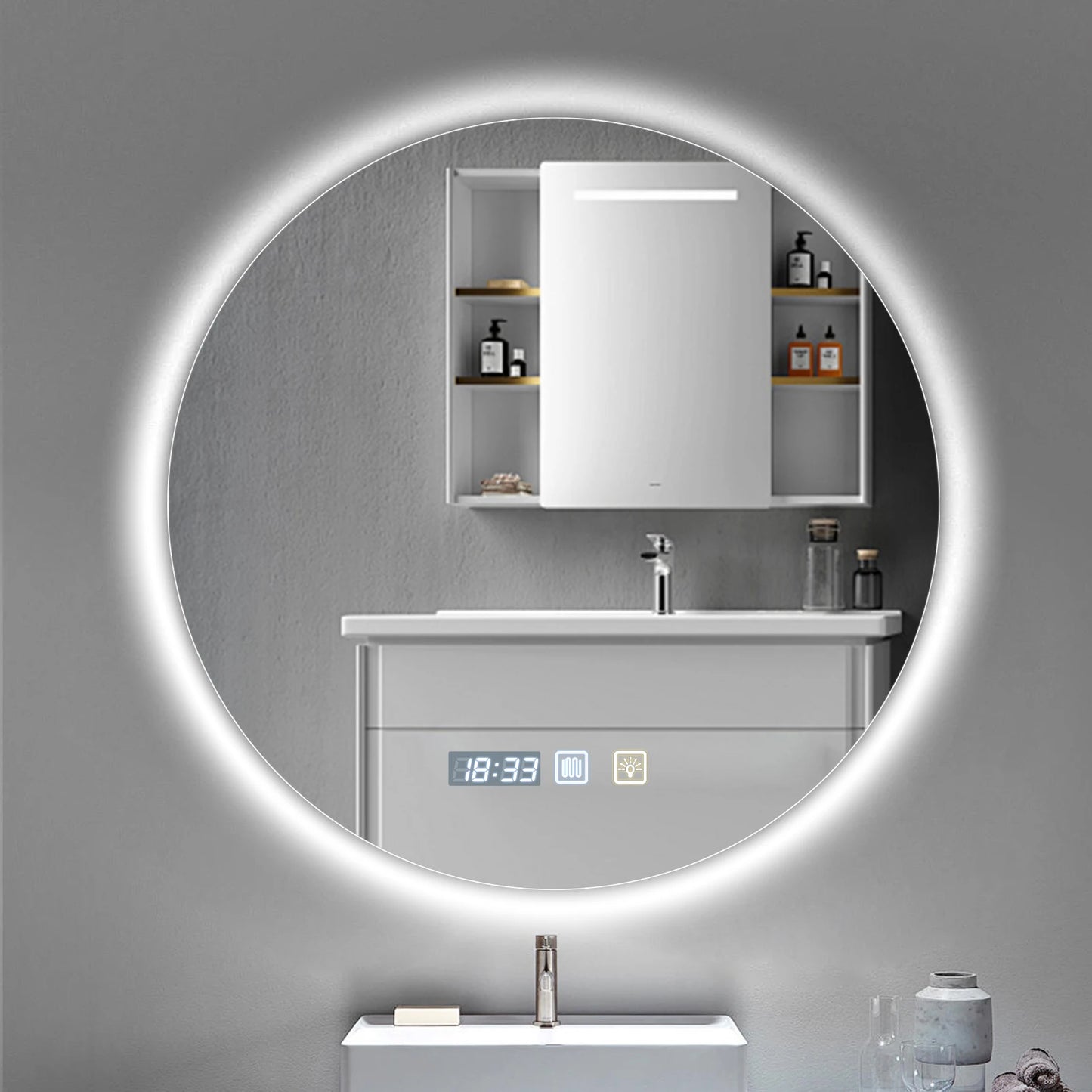 Round LED Bathroom Mirror With Light Touch Screen Defogging Bath Mirrors With Time 3 Colors Dimmable Wall Makeup Mirrors