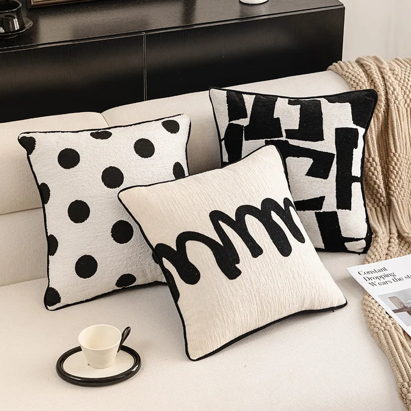 Modern Luxury Chenille Cushion Cover Black and White Geometric Jacquard Embroidery Throw Pillow Covers for Living Room