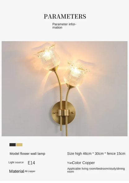 Bedroom headboard  lamp all copper American retro designer flower cream wind wall light room decor