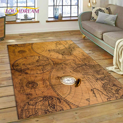 3D Ancient Nautical Chart World Map Compass Carpet Rug for Bedroom Living Room Sofa Decoration,Child Game Large Decor Floor Mat