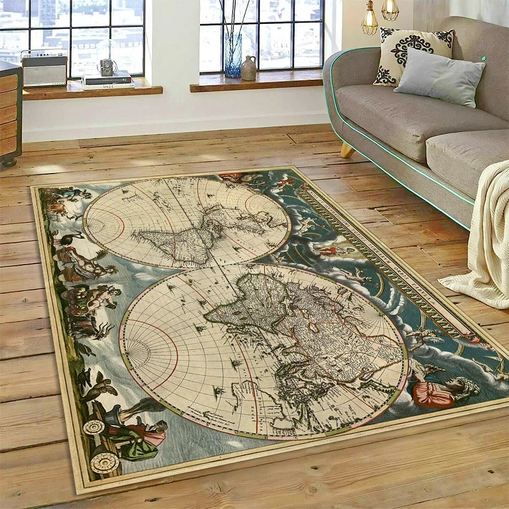 3D Ancient Nautical Chart World Map Compass Carpet Rug for Bedroom Living Room Sofa Decoration,Child Game Large Decor Floor Mat