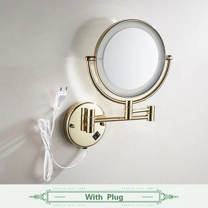 Rose Gold Led Folding Bathroom Mirror Wall Mounted Lighted Home Hotell Bathroom Makeup Mirror 5X Magnifying Plug Bath Mirrors