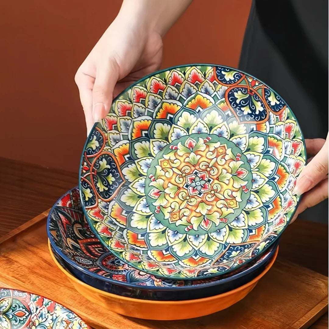 Bohemian Mandala Ceramic Plates 4Pcs 8Inch Deep Dinner Plates Microwave Dishwasher Safe Colorful for Kitchen Dining Gift