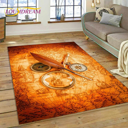 3D Ancient Nautical Chart World Map Compass Carpet Rug for Bedroom Living Room Sofa Decoration,Child Game Large Decor Floor Mat