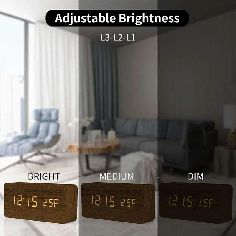 "Retro Wooden Digital Alarm Clock with LED Display & Temperature Sensor, Silent Night Light for Office/Bedroom/Living Room"
