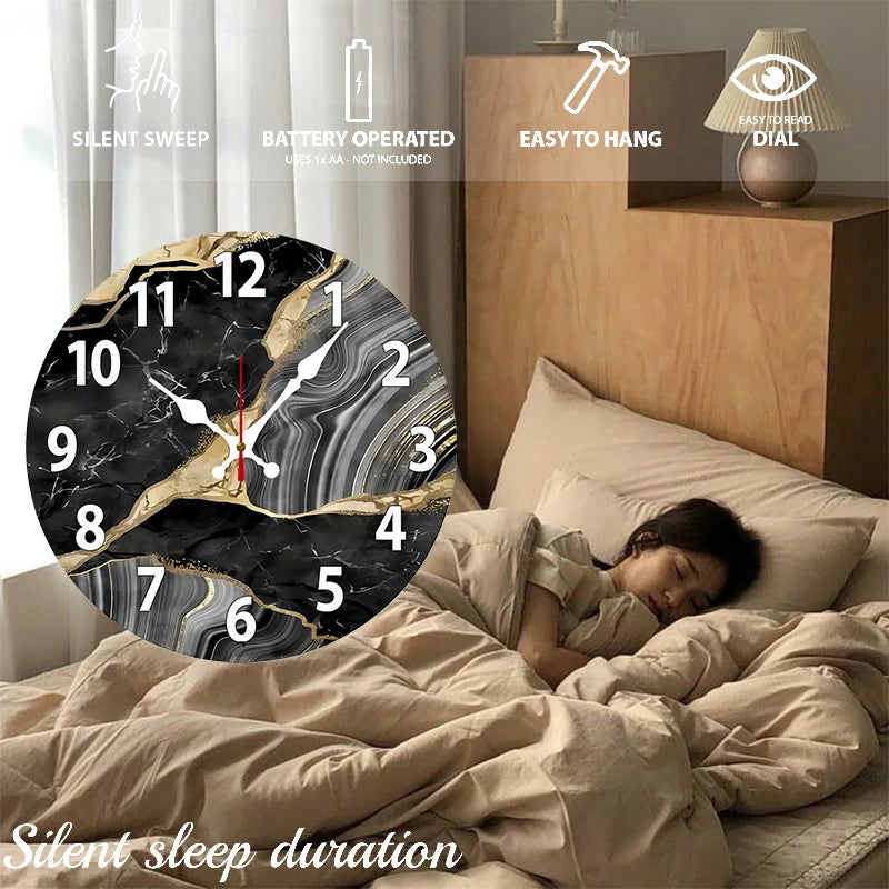 Black Marble Wooden Round Silent Hanging Wall Clock, Suitable For Living Room, Office, Study Room, Bedroom, Home Decoration