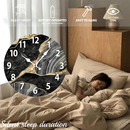 Black Marble Wooden Round Silent Hanging Wall Clock, Suitable For Living Room, Office, Study Room, Bedroom, Home Decoration