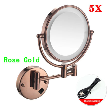 Rose Gold Led Folding Bathroom Mirror Wall Mounted Lighted Home Hotell Bathroom Makeup Mirror 5X Magnifying Plug Bath Mirrors