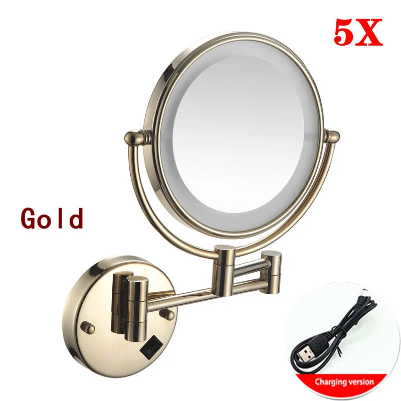 Rose Gold Led Folding Bathroom Mirror Wall Mounted Lighted Home Hotell Bathroom Makeup Mirror 5X Magnifying Plug Bath Mirrors