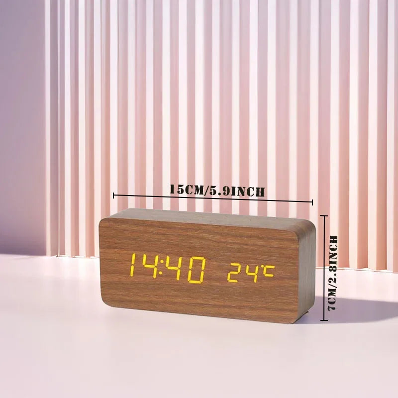 "Retro Wooden Digital Alarm Clock with LED Display & Temperature Sensor, Silent Night Light for Office/Bedroom/Living Room"