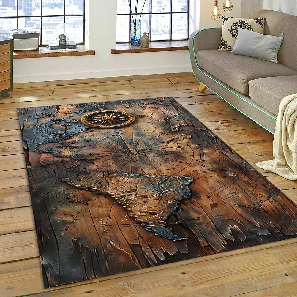 3D Ancient Nautical Chart World Map Compass Carpet Rug for Bedroom Living Room Sofa Decoration,Child Game Large Decor Floor Mat