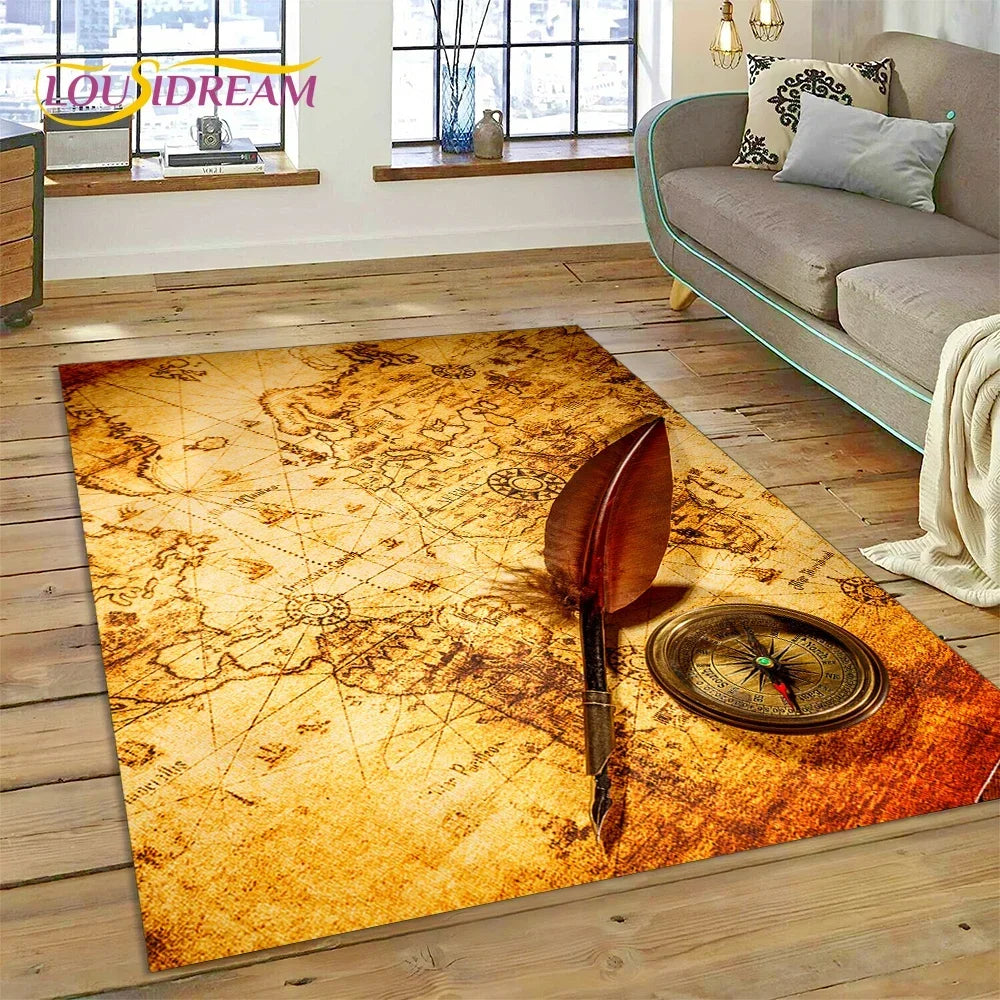 3D Ancient Nautical Chart World Map Compass Carpet Rug for Bedroom Living Room Sofa Decoration,Child Game Large Decor Floor Mat