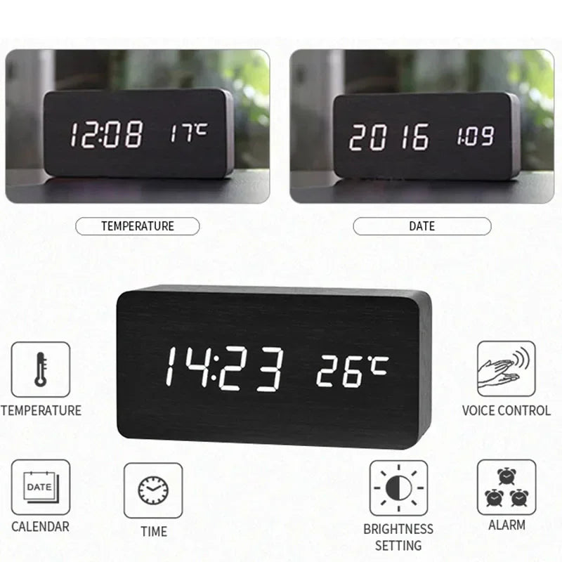 "Retro Wooden Digital Alarm Clock with LED Display & Temperature Sensor, Silent Night Light for Office/Bedroom/Living Room"